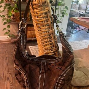 Coach Brown Leather Shoulder Bag with Glossy Finish